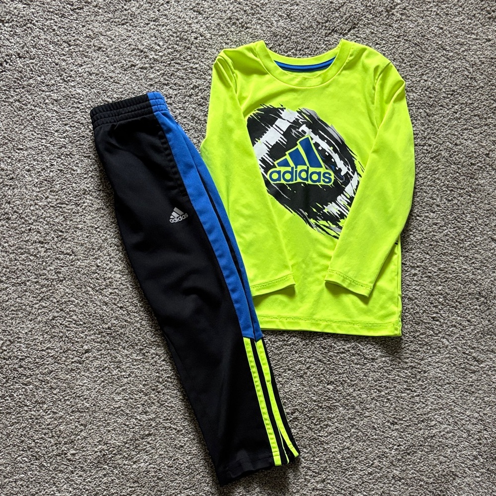 Adidas Neon Yellow Shirt and Black Track Pants Set